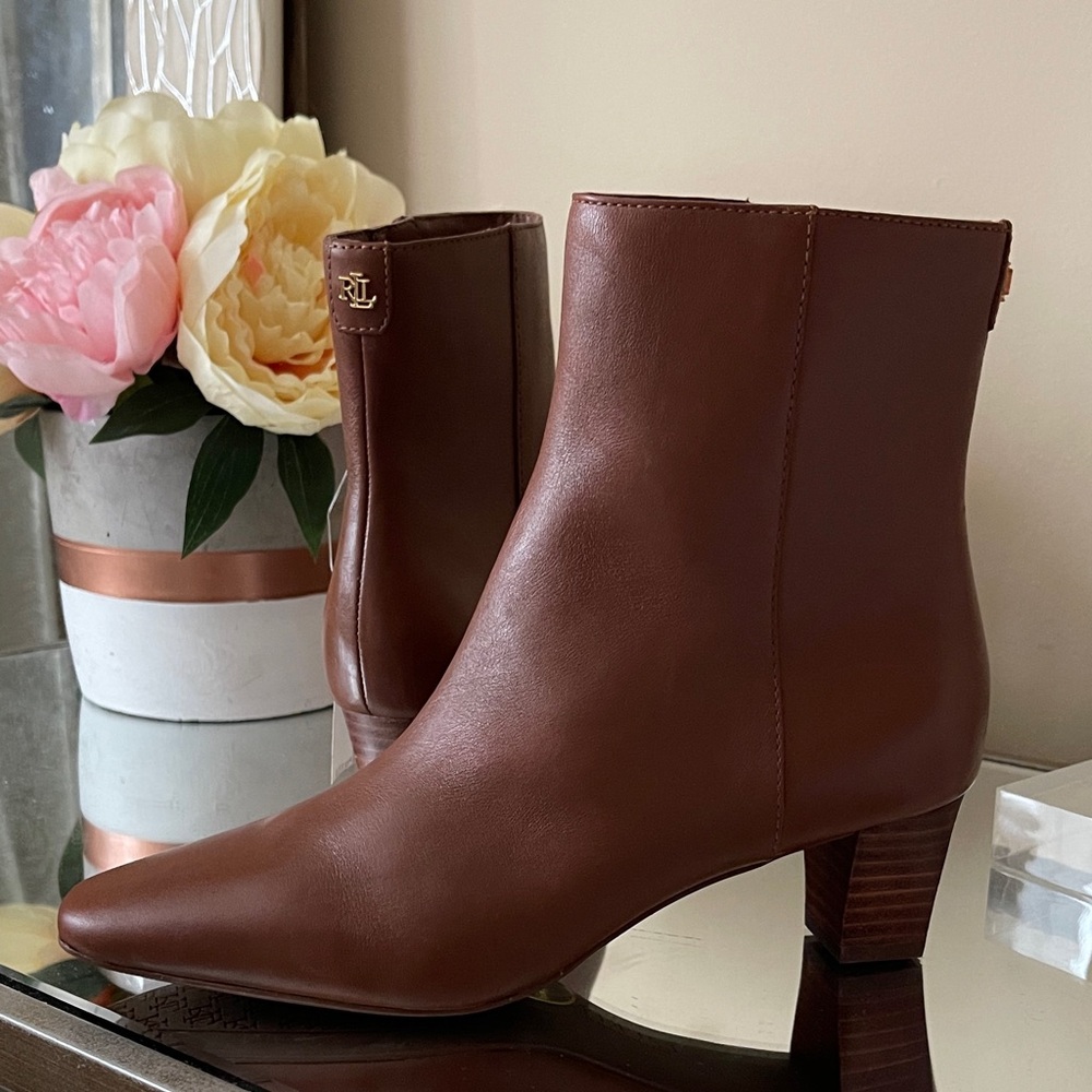 NEW Lauren Ralph Lauren Willa Mahogany Brown Leather Ankle Boots